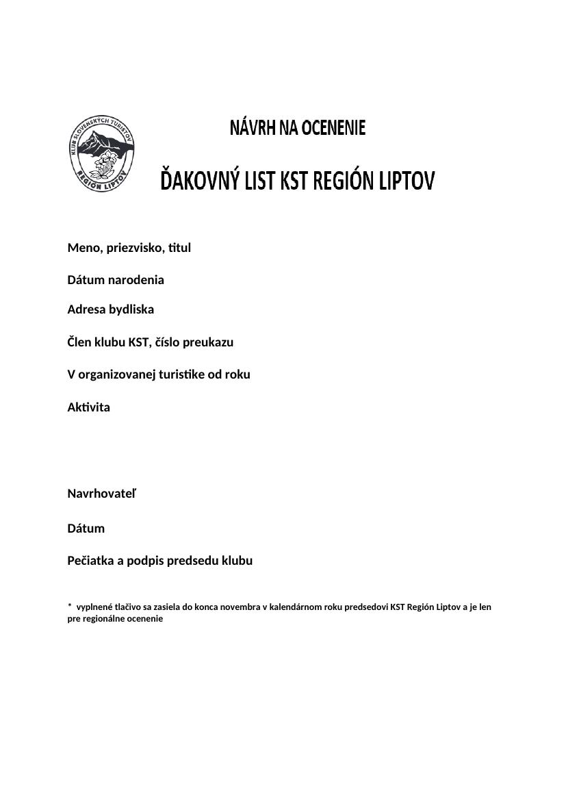 Tlačivo: návrh na ocenenie — Regionálna rada